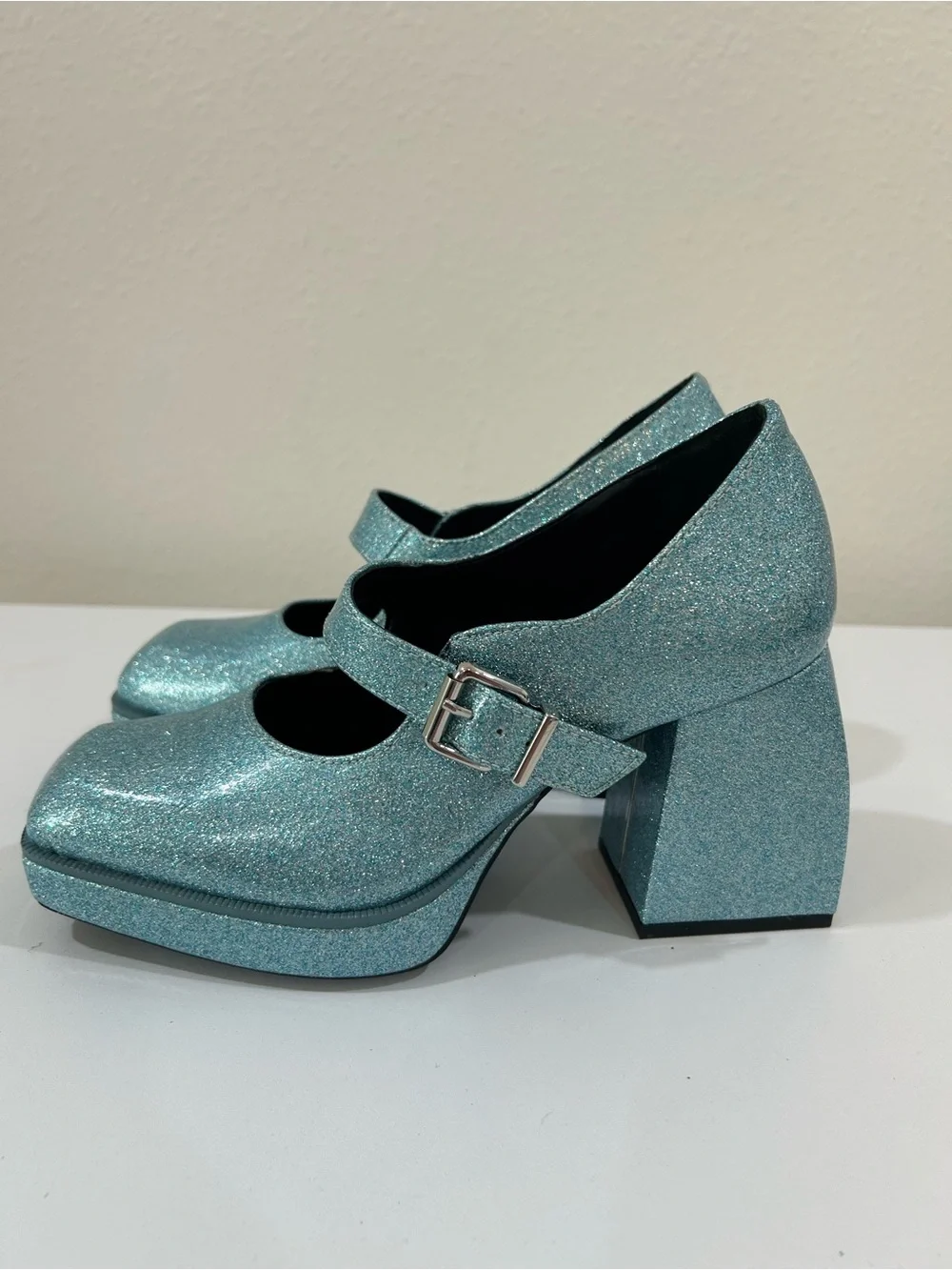 Gianni Bini 2-Night Blue Glitter Mary Jane Chunky Platform Heels Pumps Shoes
